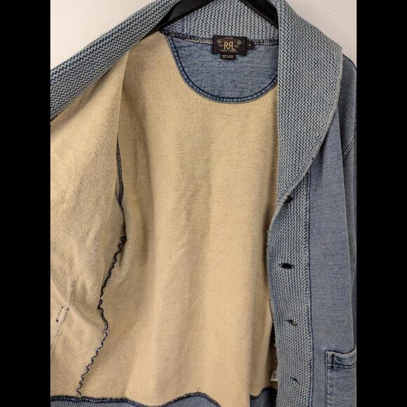 [SOLD] RRL DOUBLE RL Men's Sz XL Light Indigo Blue Shawl Collar Button Cardigan - Picture 8 of 12